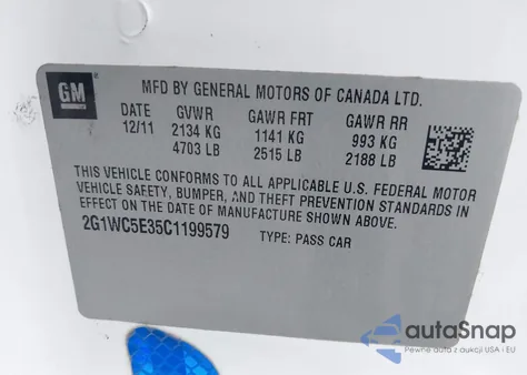 2012 Chevrolet Impala Ltz z USA, uszkodzony, nr VIN 2G1WC5E35C1199579